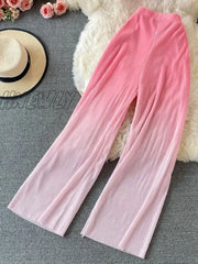 Hnewly Summer Women’s Suit Korean Street Style Gradient Tube Top Short + High Waist Wide Leg