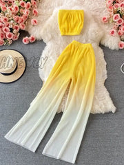 Summer Women's Suit Korean Street Style Gradient Tube Top Short Top + High Waist Wide Leg Pants Female Sets