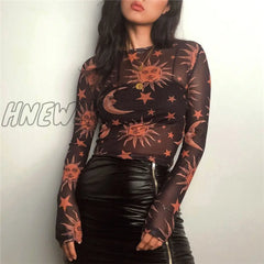 Hnewly Sun Moon Printed Transparent Mesh Sexy T-Shirt Women O-Neck Long Sleeve Slim Basic Casual