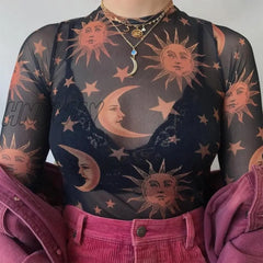 Hnewly Sun Moon Printed Transparent Mesh Sexy T-Shirt Women O-Neck Long Sleeve Slim Basic Casual