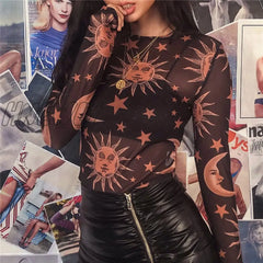 Hnewly Sun Moon Printed Transparent Mesh Sexy T-Shirt Women O-Neck Long Sleeve Slim Basic Casual