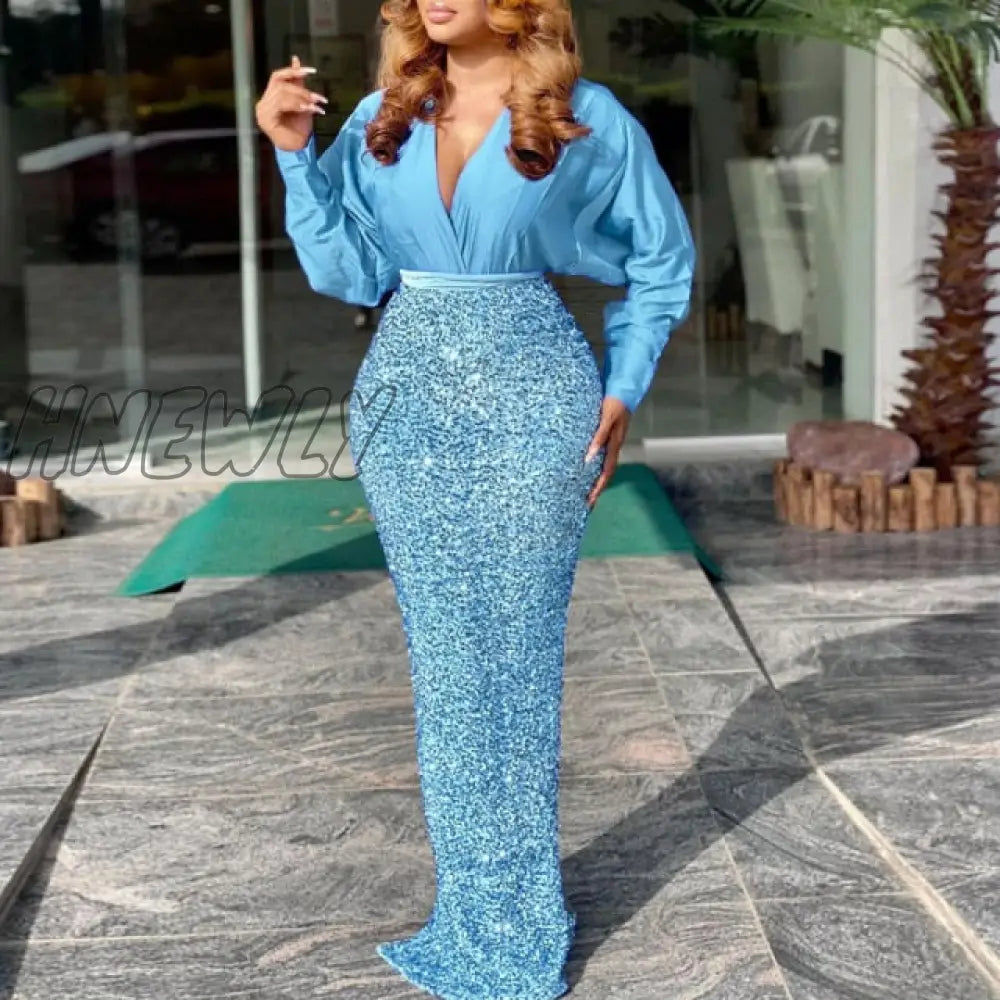 Hnewly Super Hot Blue Evening Sequin Dress Sexy V Neck Long Sleeve Women’s Luxury Glitter Prom