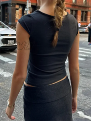 Hnewly Sweat Sleeveless Slim T-Shirt Woman Summer Roll Hem Square Collar Cotton Tee Shirt School