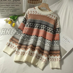 Hnewly Sweater Female Art Retro New Fashion Autumn And Winter Student Japanese Diamond Jacquard