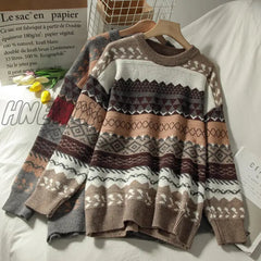 Hnewly Sweater Female Art Retro New Fashion Autumn And Winter Student Japanese Diamond Jacquard