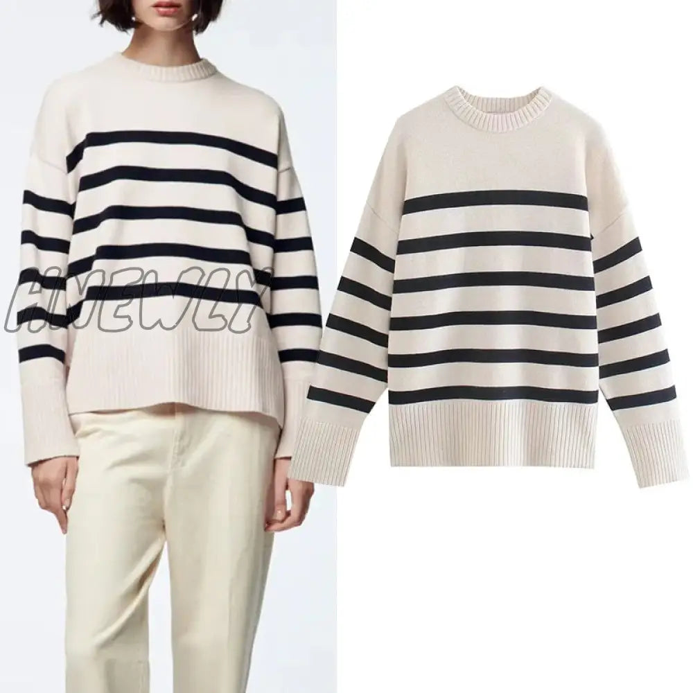 Hnewly Sweater Pullover Fall New Fashion Stripe O - Neck Cotton 100% Women Sweater Street Youth