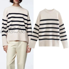 Hnewly Sweater Pullover Fall New Fashion Stripe O - Neck Cotton 100% Women Sweater Street Youth