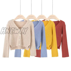Hnewly Sweater Women Korean Style Personality Short Long Sleeves Breasted Solid Color Knit Cardigan