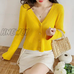 Hnewly Sweater Women Korean Style Personality Short Long Sleeves Breasted Solid Color Knit Cardigan