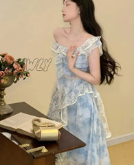 Hnewly Sweet Elegant Floral Strap Dress Women Ruffles Designer Korean Party Irregular Female Autumn