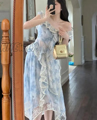 Hnewly Sweet Elegant Floral Strap Dress Women Ruffles Designer Korean Party Irregular Female Autumn