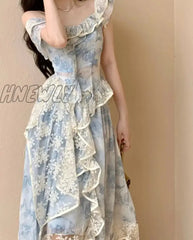 Hnewly Sweet Elegant Floral Strap Dress Women Ruffles Designer Korean Party Irregular Female Autumn