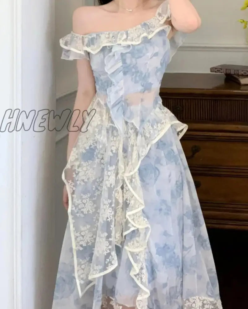 Hnewly Sweet Elegant Floral Strap Dress Women Ruffles Designer Korean Party Irregular Female Autumn