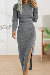 Hnewly - Sweet Elegant Solid Fold O Neck Sheath Dresses(6 Colors) Light Gray / S Dresses/Long