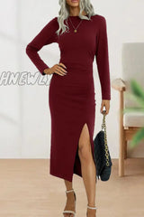 Hnewly - Sweet Elegant Solid Fold O Neck Sheath Dresses(6 Colors) Dresses/Long Sleeve Dresses