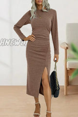 Hnewly - Sweet Elegant Solid Fold O Neck Sheath Dresses(6 Colors) Dresses/Long Sleeve Dresses