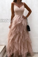 Hnewly - Sweet Formal Solid Mesh V Neck Evening Dress Dresses Pink / S Dresses/Party And Cocktail