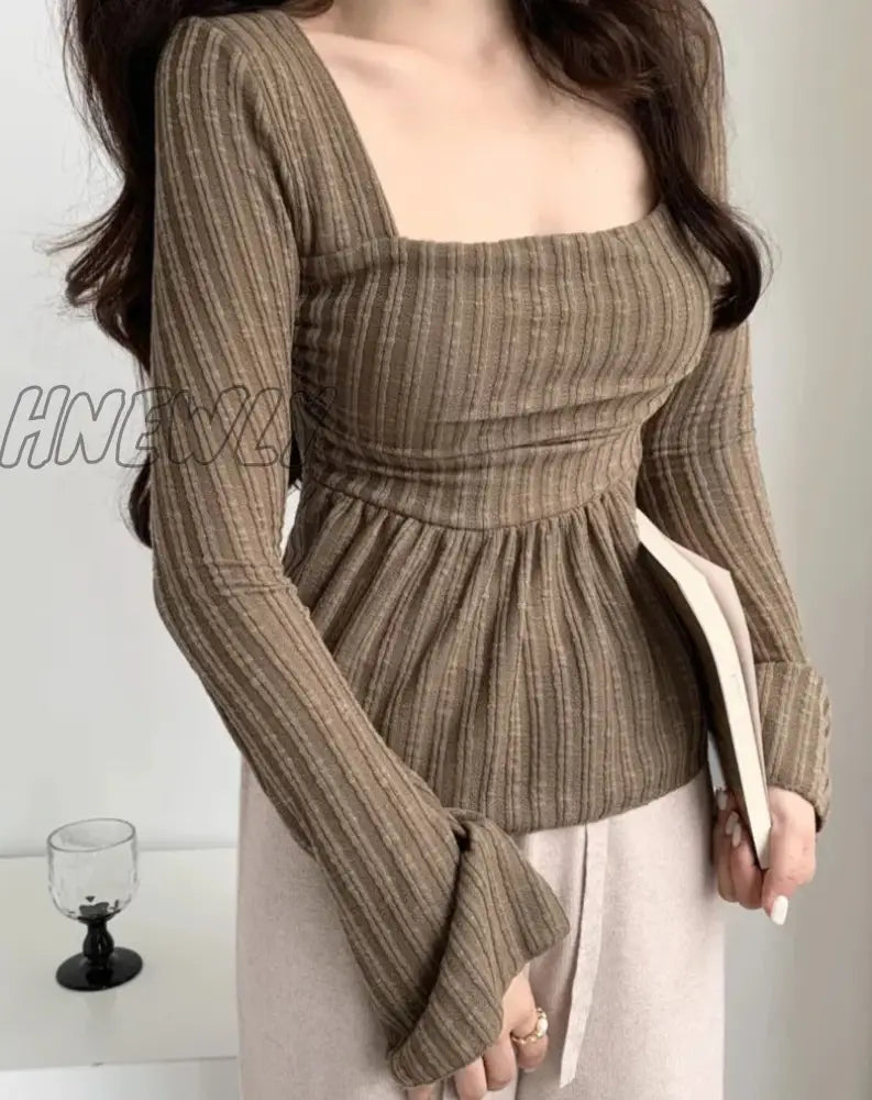 Hnewly Sweet Gentle Cute Square Neck Flare Sleeve Loose Casual Stripe T-Shirt Fashion Sexy Korean