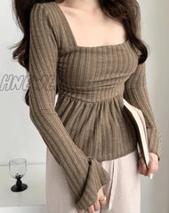 Hnewly Sweet Gentle Cute Square Neck Flare Sleeve Loose Casual Stripe T-Shirt Fashion Sexy Korean