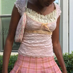 Hnewly Sweet Girl Y2K Fairy Grunge Kawaii Lace Crop Top Square Collar Short Sleeve Slim Fit T-Shirt