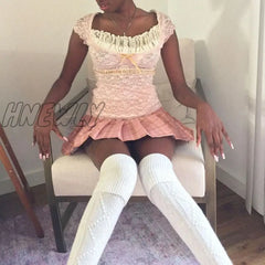 Hnewly Sweet Girl Y2K Fairy Grunge Kawaii Lace Crop Top Square Collar Short Sleeve Slim Fit T-Shirt