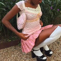 Hnewly Sweet Girl Y2K Fairy Grunge Kawaii Lace Crop Top Square Collar Short Sleeve Slim Fit T-Shirt