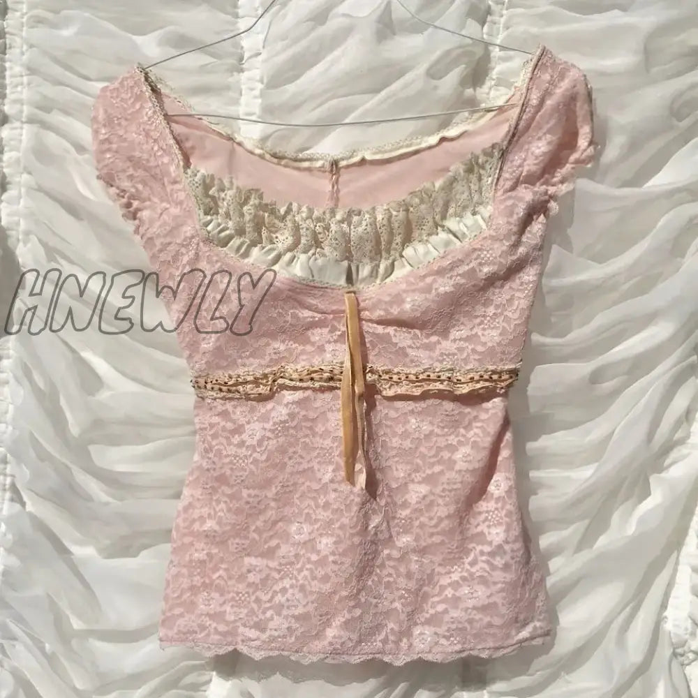 Hnewly Sweet Girl Y2K Fairy Grunge Kawaii Lace Crop Top Square Collar Short Sleeve Slim Fit T-Shirt