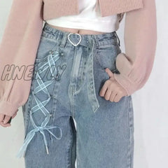 Hnewly Sweet High Waist Jeans Women Chic Bandage Straight Denim Pants Gothic Streetwear Loose