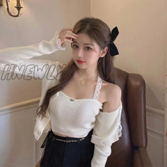 Hnewly Sweet Knitted Two Piece Set Women Summer Crop Top Lace Trim Cute 2 Kawaii Outfits Short Tops