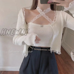 Hnewly Sweet Knitted Two Piece Set Women Summer Crop Top Lace Trim Cute 2 Kawaii Outfits Short Tops