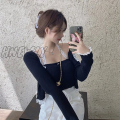 Hnewly Sweet Knitted Two Piece Set Women Summer Crop Top Lace Trim Cute 2 Kawaii Outfits Short Tops