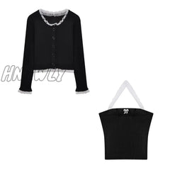 Hnewly Sweet Knitted Two Piece Set Women Summer Crop Top Lace Trim Cute 2 Kawaii Outfits Short Tops