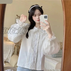 Hnewly Sweet Lolita Long Sleeve White Shirts Women Japanese Lace Ruffles Peter Pan Collar Elegant