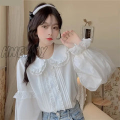 Hnewly Sweet Lolita Long Sleeve White Shirts Women Japanese Lace Ruffles Peter Pan Collar Elegant