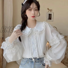 Hnewly Sweet Lolita Long Sleeve White Shirts Women Japanese Lace Ruffles Peter Pan Collar Elegant