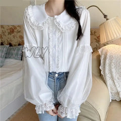 Hnewly Sweet Lolita Long Sleeve White Shirts Women Japanese Lace Ruffles Peter Pan Collar Elegant