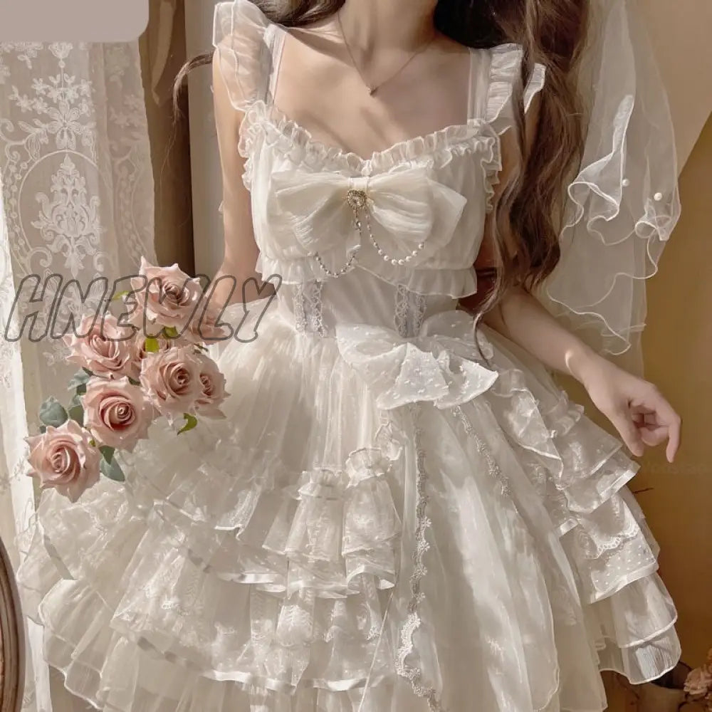 Hnewly Sweet Lolita Princess Dress Vintage Women Elegant Ruffles Pearl Bow Party Tiered Dresses