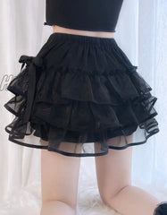 Hnewly Sweet Lolita Style Tiered Shorts Girls Cute Bow Lace Mesh Fluffy Petticoats Bustle Short