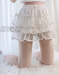 Hnewly Sweet Lolita Style Tiered Shorts Girls Cute Bow Lace Mesh Fluffy Petticoats Bustle Short