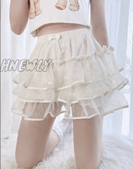 Hnewly Sweet Lolita Style Tiered Shorts Girls Cute Bow Lace Mesh Fluffy Petticoats Bustle Short
