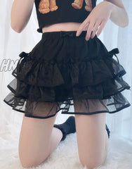 Hnewly Sweet Lolita Style Tiered Shorts Girls Cute Bow Lace Mesh Fluffy Petticoats Bustle Short