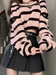 Hnewly Sweet Off Shoulder Top Striped Knit Set Women’s Spring Autumn Spicy Girls High Waist