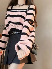 Hnewly Sweet Off Shoulder Top Striped Knit Set Women’s Spring Autumn Spicy Girls High Waist