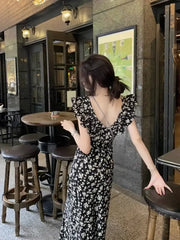 Sweet Printing Midi Dresses For Women Flying Sleeve Japan Girls Cute Floral Vintage Ruffles Beach