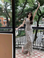 Sweet Printing Midi Dresses For Women Flying Sleeve Japan Girls Cute Floral Vintage Ruffles Beach