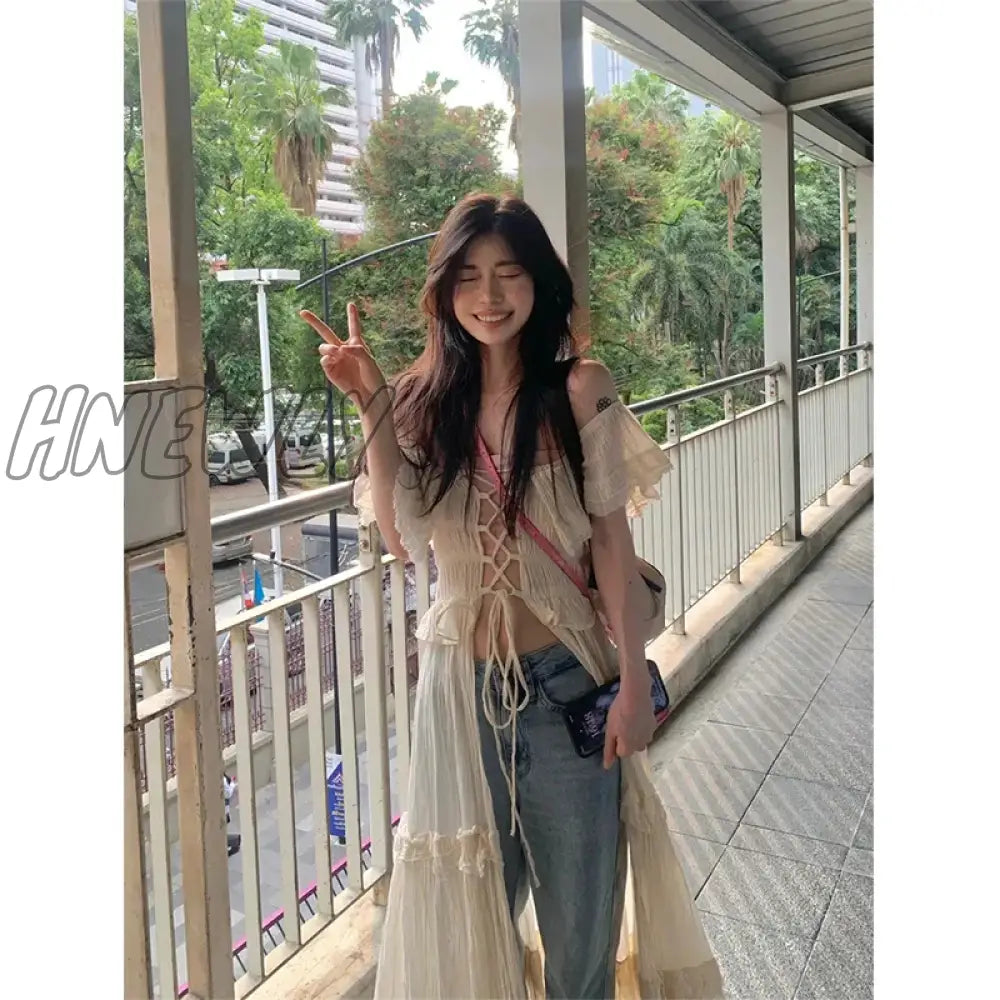 Hnewly Sweet Ruffles Dress Women Y2K Slash Neck Bandage Robe Vintage Streetwear Hollow Out Dresses