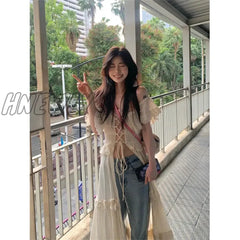 Hnewly Sweet Ruffles Dress Women Y2K Slash Neck Bandage Robe Vintage Streetwear Hollow Out Dresses