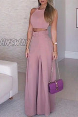 Hnewly - Sweet Simplicity Solid With Belt Color O Neck Sleeveless Two Pieces(3 Colors) Purple / S