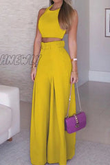 Hnewly - Sweet Simplicity Solid With Belt Color O Neck Sleeveless Two Pieces(3 Colors) Yellow / S