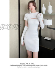 Hnewly Sweet Stretchy Knitted Dress Women Solid O-Neck Chic Chest Hollow Out Elegant Slim Mini